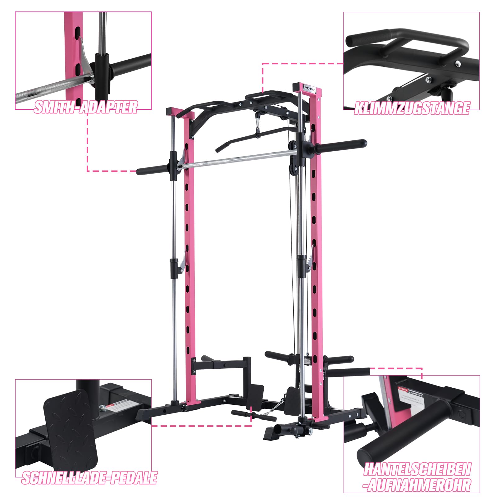 RitFit Power Rack Smith Machine mit Kabelzug | mit Langhantelstange, Klimmzug, Kraftstation für Zuhause & Home Gym, 450kg Belastbarkeit