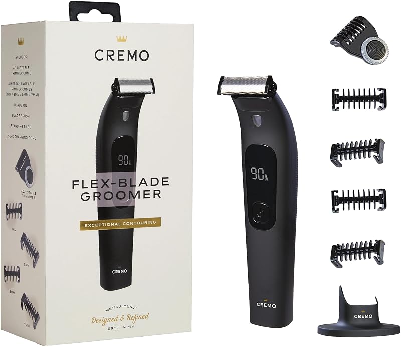 Aparador corporal Cremo com lâmina flexível, sem fio, USB-C e pentes de 1 mm, 3 mm, 5 mm e 7 mm