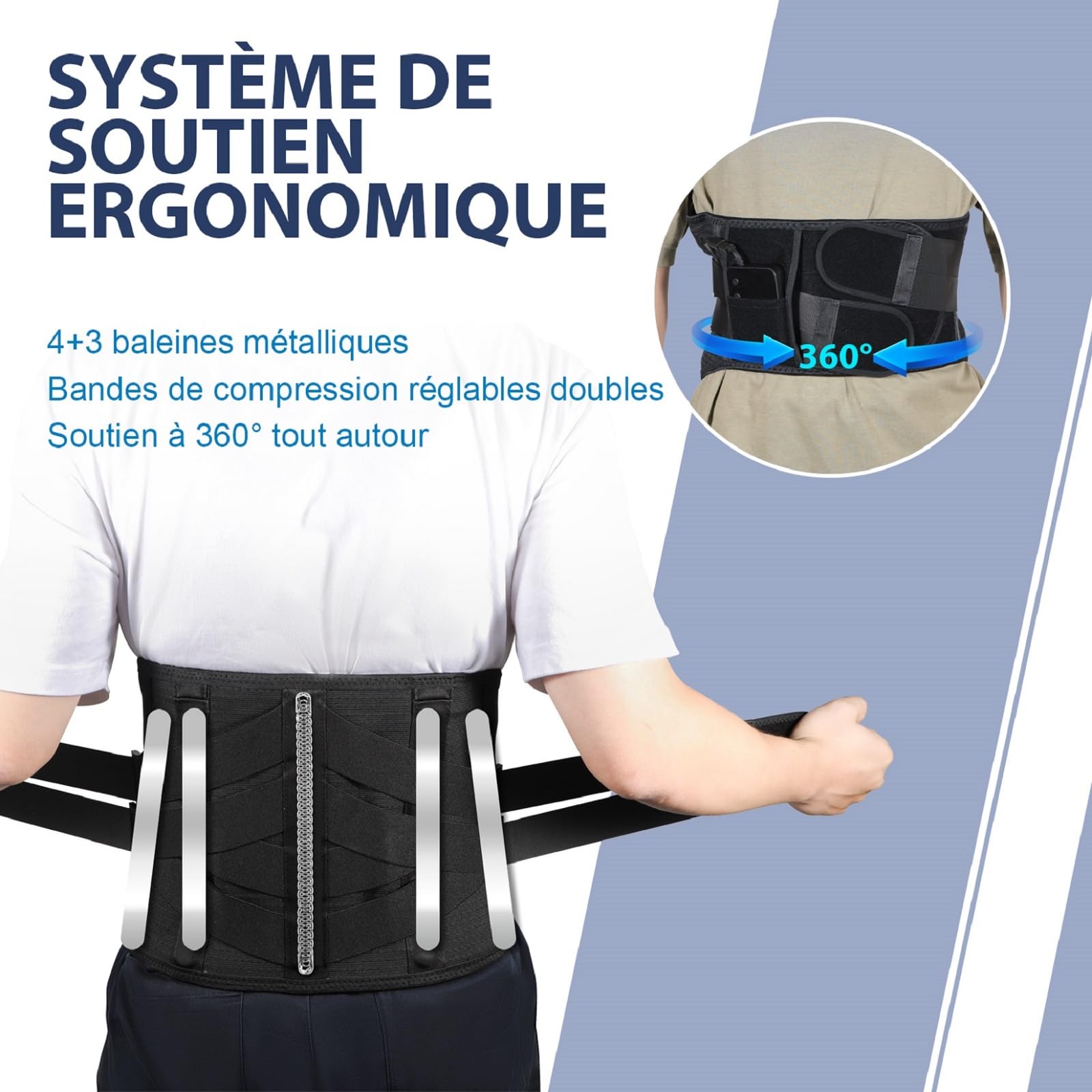 HONGJING Ceinture de massage dorsale avec chaleur pour soulager les douleurs dans le bas du dos, Ceinture lombaire chauffante rechargeable sans fil avec 3 réglages de chaleur et 4 modes de massage (M)