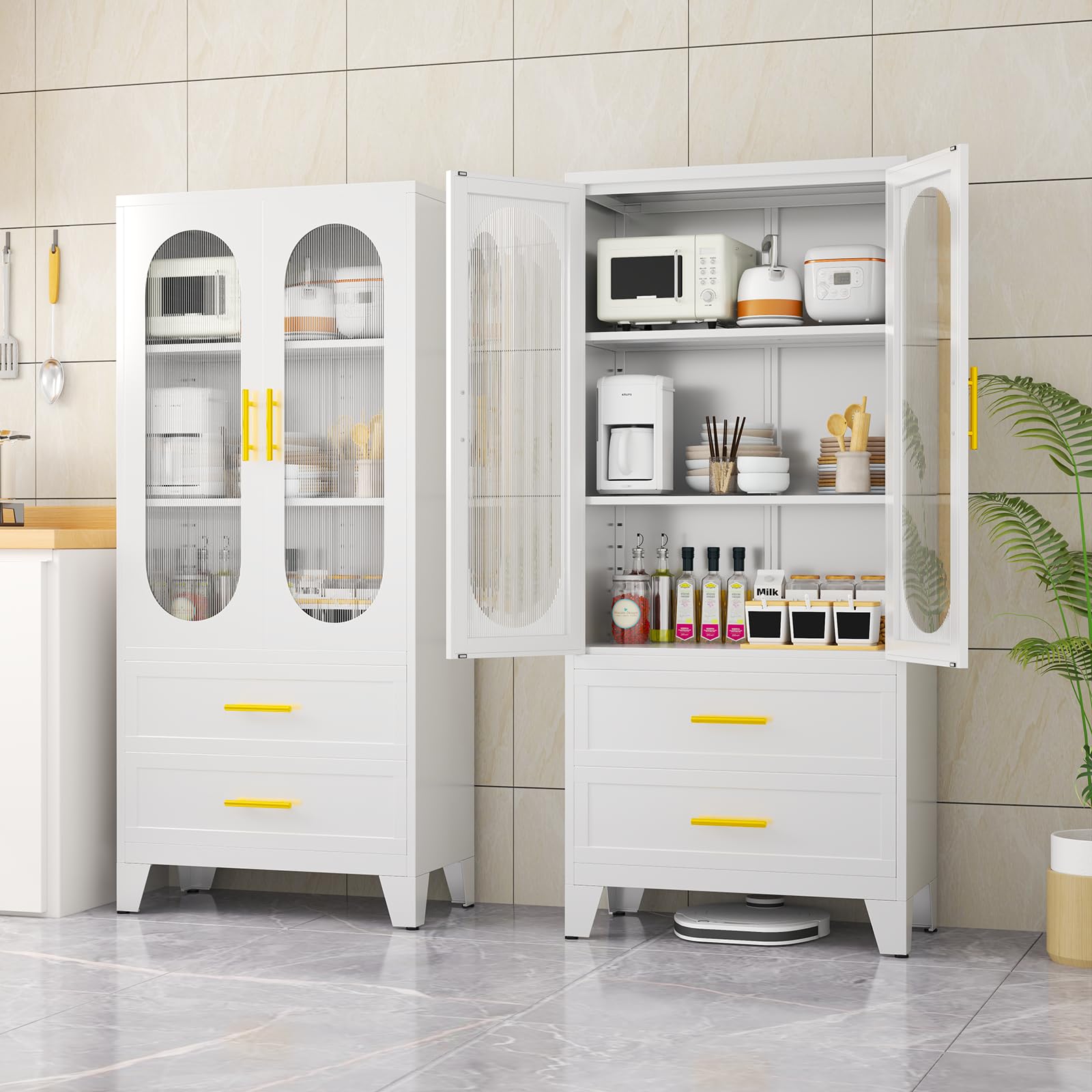 61.02'H Metal Pantry Storage Cabinet with Drawer, Pantry Cabinet with Acrylic Glass Doors and Adjustable Shelves, for Kitchen, Laundry, Living, Bath, Dining, Tool RoomRecycled Claim Standard 100