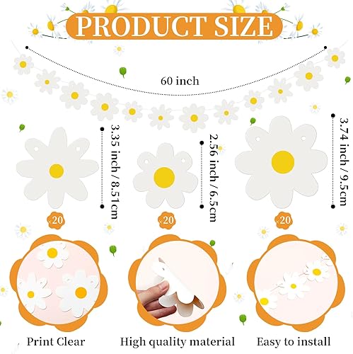 Miniatura 3 de Henoyso Paquete de 5 decoraciones de margaritas bohemias para fiesta, guirnalda de margaritas con recortes de flores hippie para verano, boda,