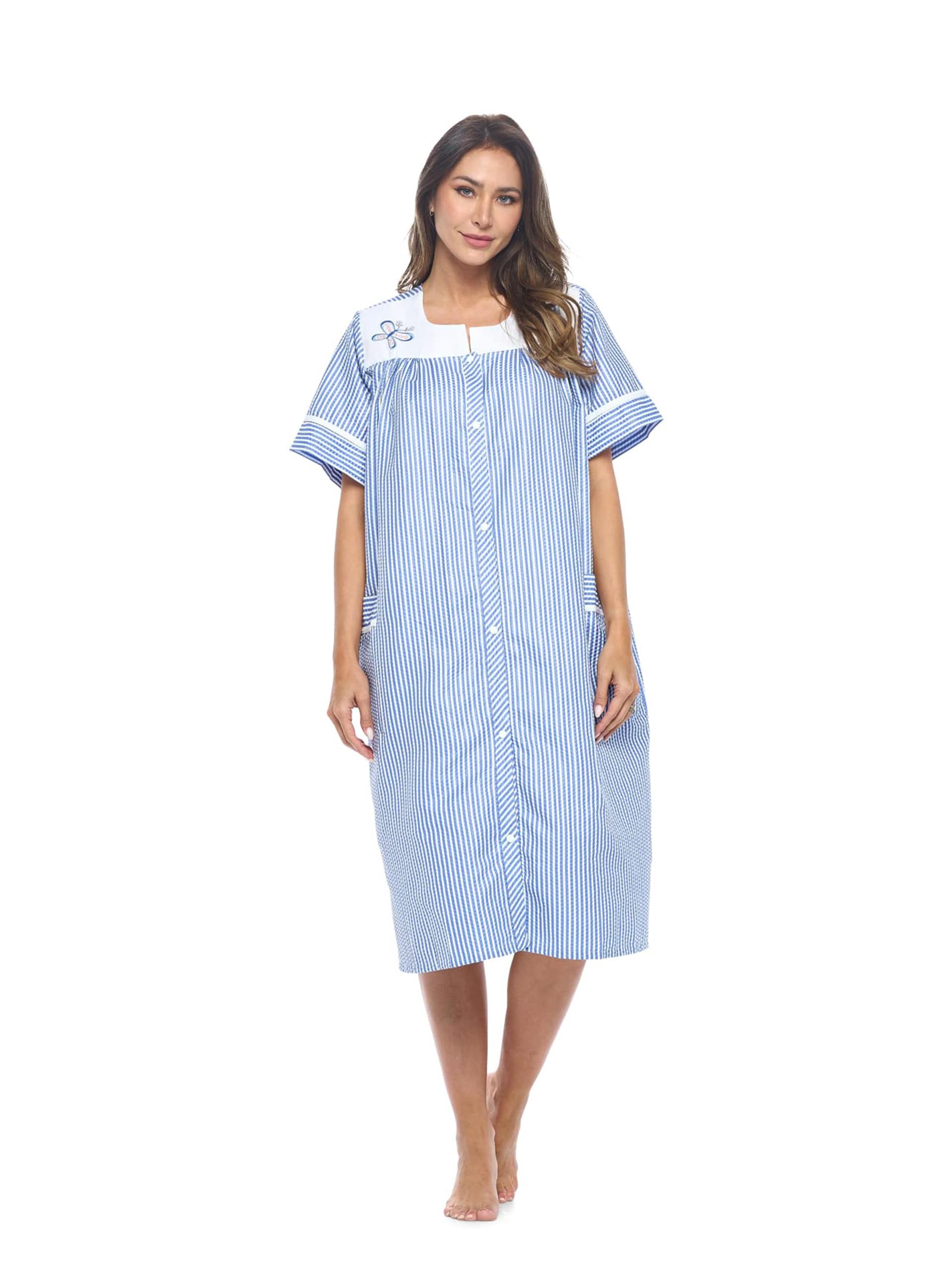 Casual Nights Women's Snap - Front House Dress Short Sleeve Woven Housecoat Duster Lounger Robe with Pockets