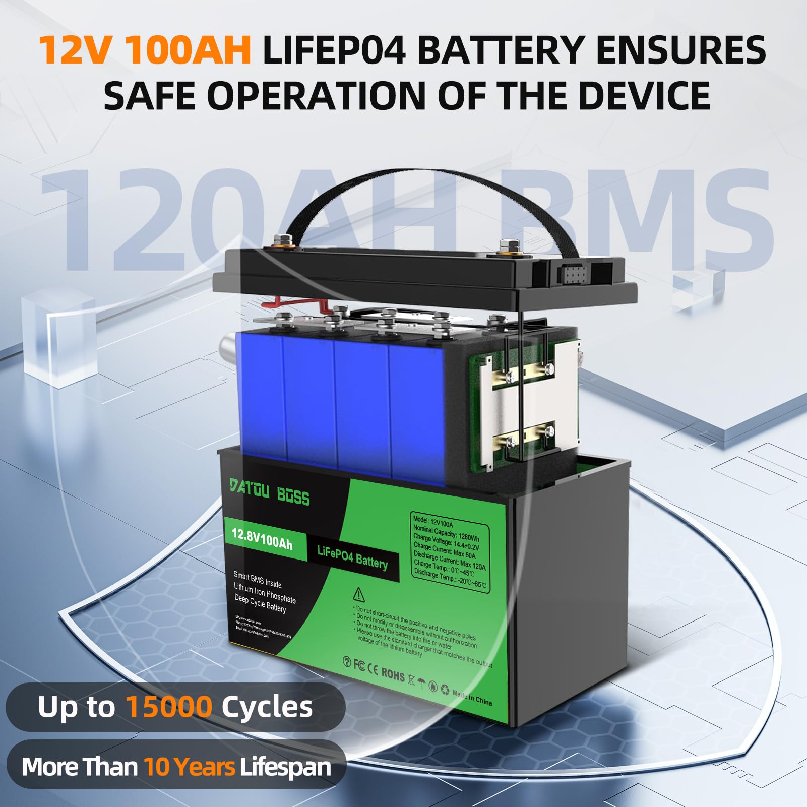 DATOUBOSS Batterie LiFePO4 12 V 100 Ah 1280 Wh au lithium avec BMS amélioré 100 A, max. 15 000 cycles de profondeur, supporte la commutation série/parallèle pour camping-car, panneau solaire, marine