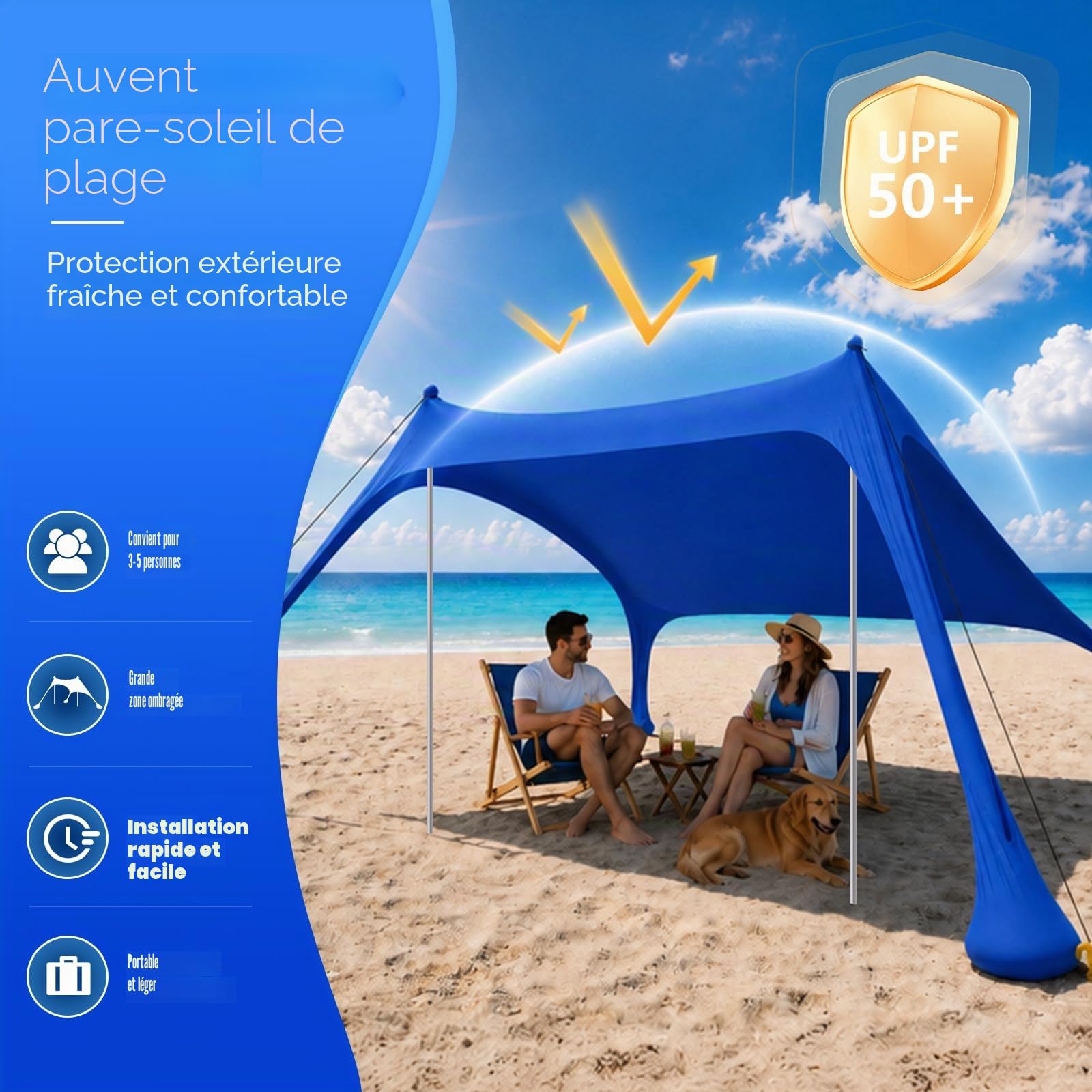 Tente de Plage, abri Solaire UPF50+ avec Tapis de Plage, 6.5x6.5FT, Facile à Monter, avec Sac de Transport et Cordes Coupe-Vent, pour Camping, pêche, Jardin et Pique-niques, Bleu foncé