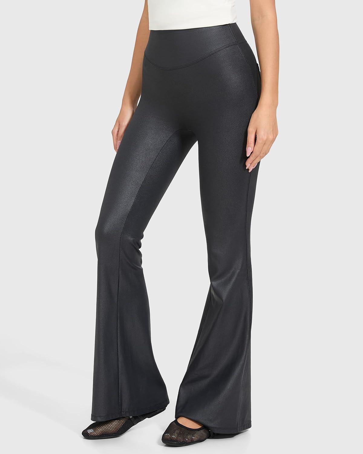 MOOSLOVER Women Faux Leather Flare Leggings Stretch PU Coated High Waisted Bell Bottom Pants - Image 2