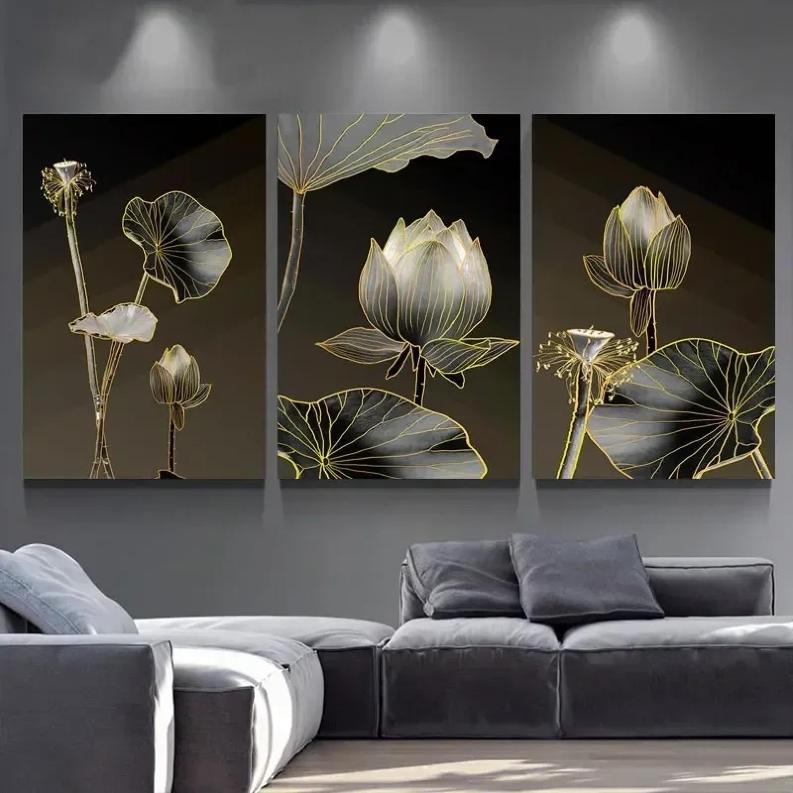 Décoration d'intérieur salon originale : triptyque lotus sur toile - 8