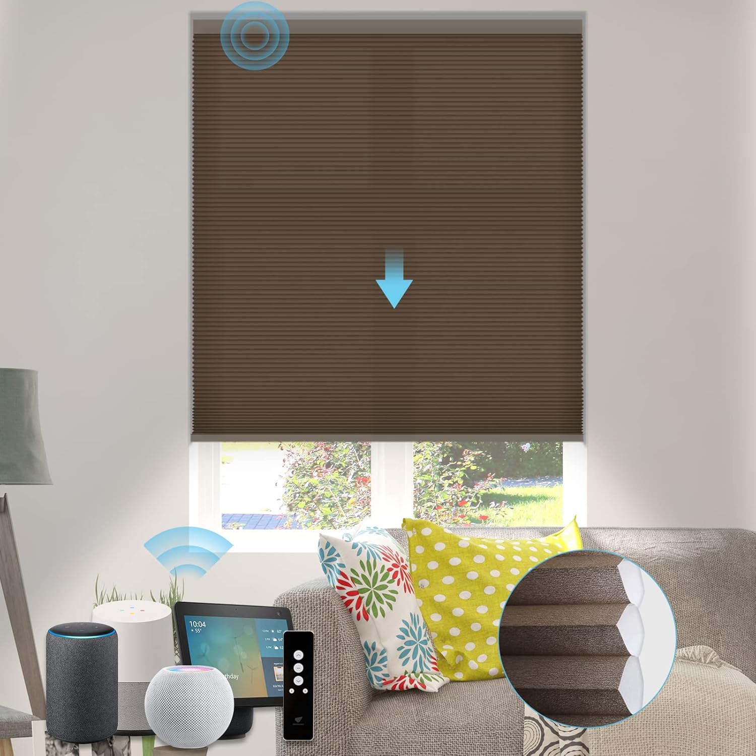 SmartWings Motorized Cellular Shade 100% Blackout Compatible with Homekit Alexa, Cordless Single Cell Electric Blinds with Remote Customized Size Smart Blinds for Windows (Grey)
