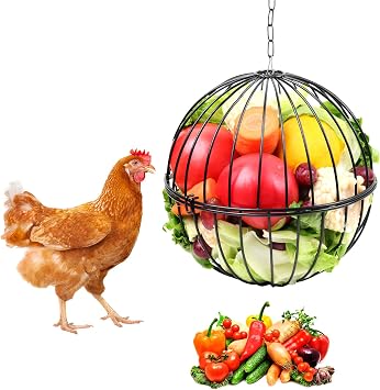 PIREKZUNT Hanging Chicken Feeder, 7.1 Inch Large Chicken Vegetable Hanging Feeder, Treat Holder with 15.7 Inch Hanging Chain Treat Ball Feeding Tool for Poultry Black