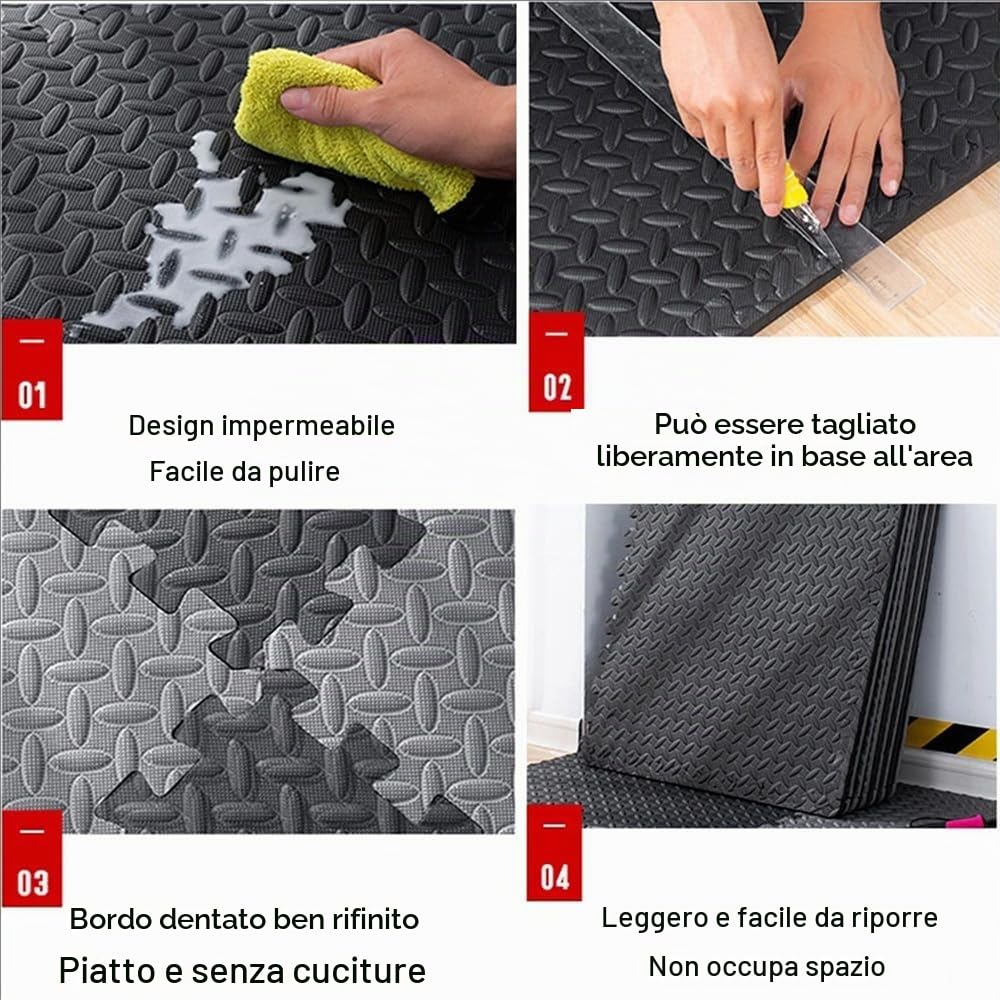 Pavimento Gommato Palestra, Tappeto Puzzle 48 Pezzi 30x30x1cm, Antiscivolo e Resistente, Per Sport, Yoga, Fitness, Protezione Anticaduta, Outdoor, Nero