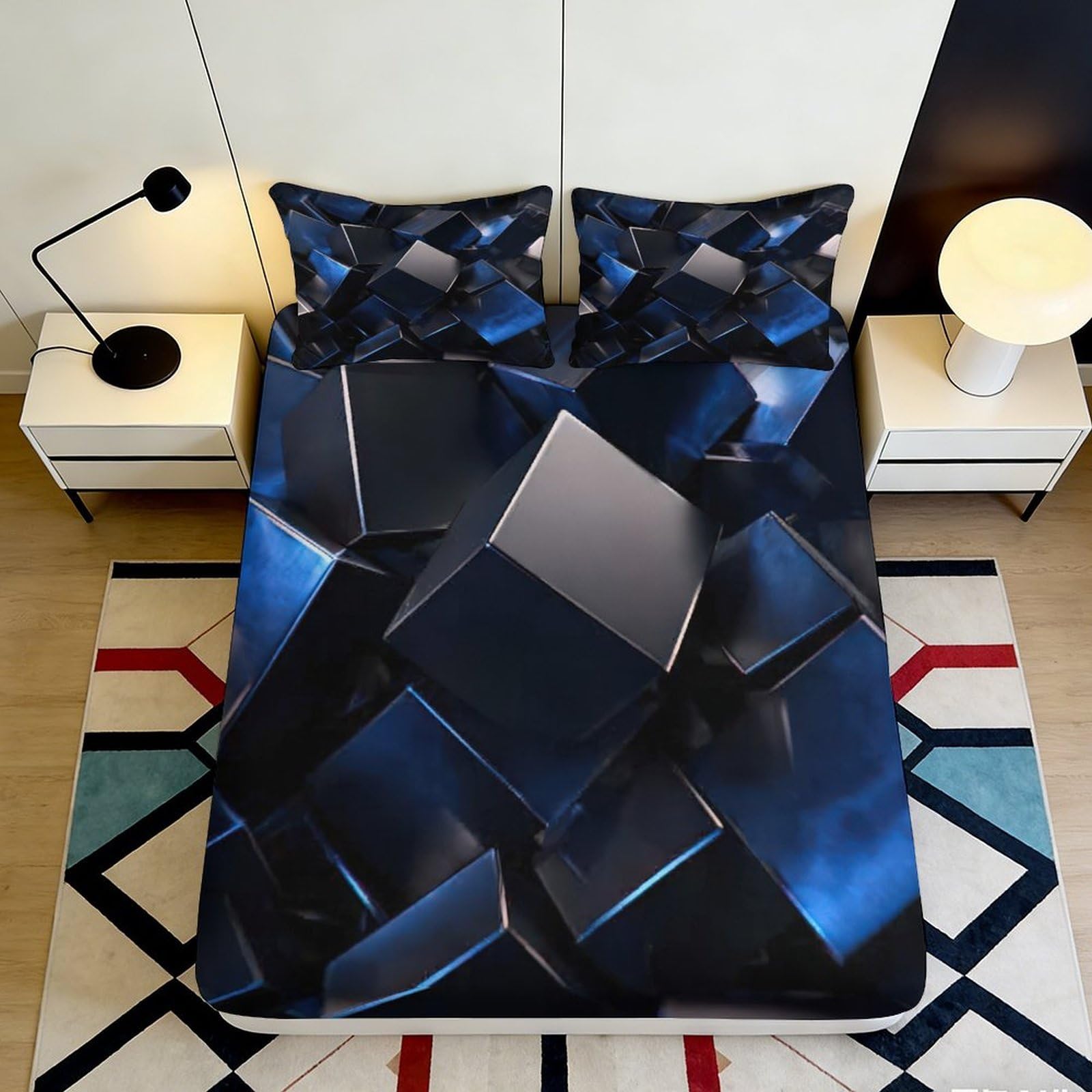 3D Printed Metallic Cube Fitted Sheet Microfiber Anti-Slip Easy Care Blue Geometric Bed Cover for Bedroom Dorm 120x200x25cm