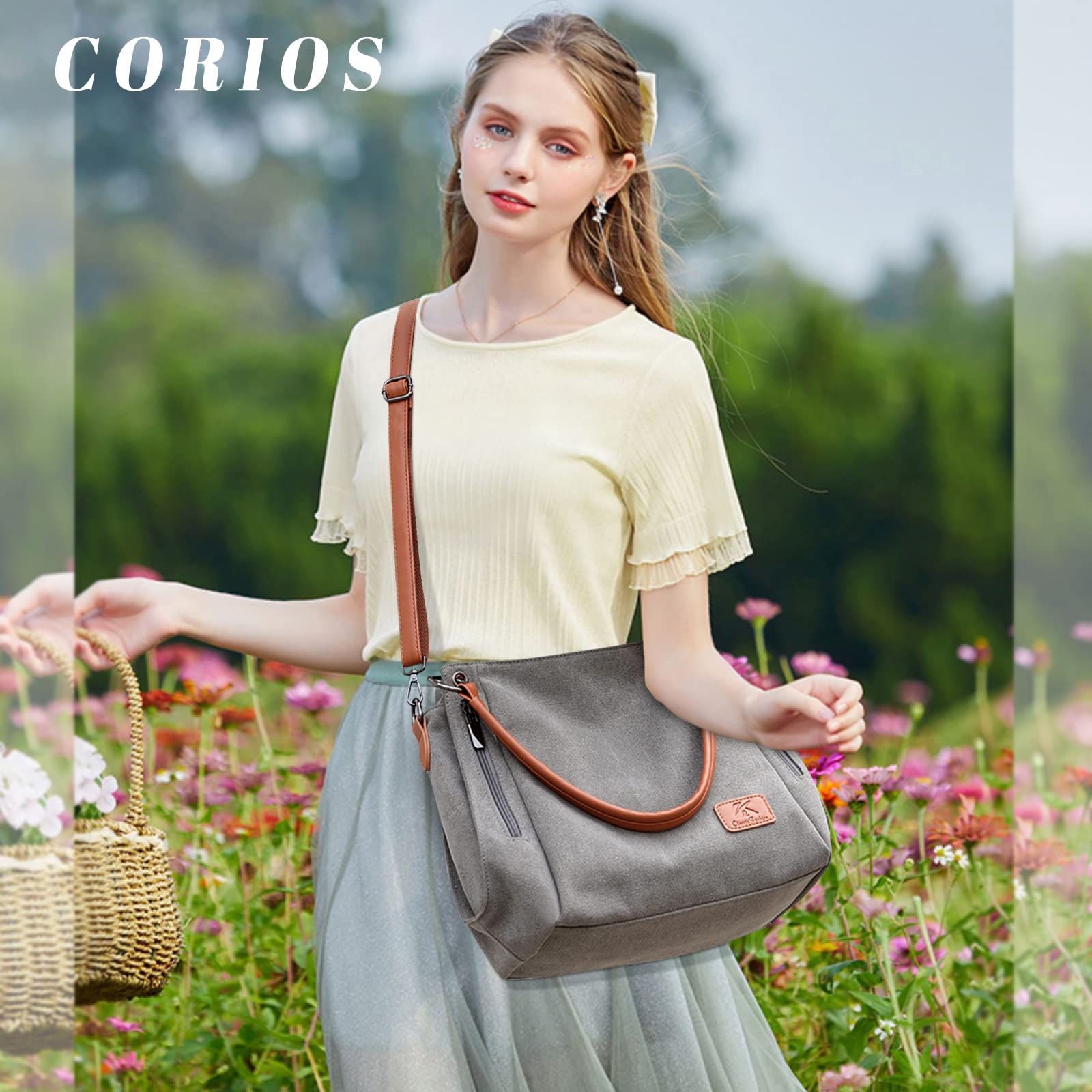 CORIOS Retro Bolso de Mano para Mujer Bolso de Hombro Lona Bolso Bandolera Gran Capacidad Bolso Tote Bolsa Shopper Multifuncional Bolsa de Ocio para Trabajo Compras Citas Viajes Gris