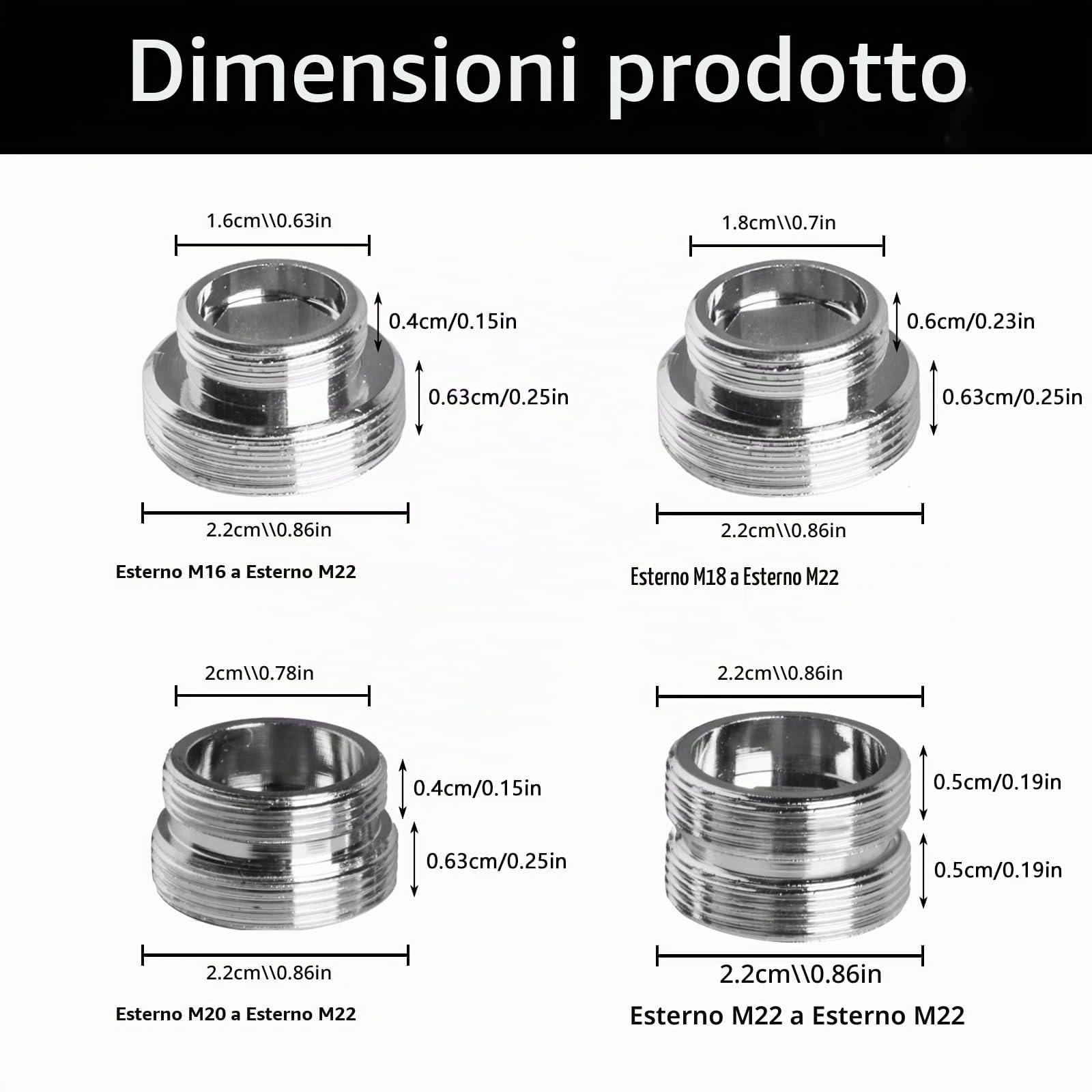 Kit di 4 adattatori per rubinetto, da M16 a M22, da M18 a M22, da M20 a M22, filettatura maschio da M22 a M22, adattatore universale per rubinetto per lavello da cucina, bagno, lavello acqua