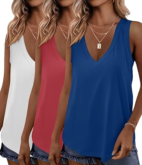 KKJ 3 Pack Womens Tank Tops Workout Summer Vacation Outfits V Neck Loose Sleeveless Blouse Casual Shirts Fall Fashion Clothes