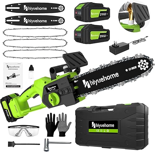 hiyuehome Motosierra eléctrica de 12 pulgadas, motosierra inalámbrica con engrasador automático, sierra de cadena eléctrica de mano con bloqueo de