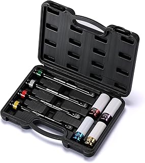 MIXPOWER 1/2-inch Drive Wheel Protector Impact Socket& 8 inch Coded Torque Limiting Socket Extension Bar 8pcs Tire Deep Socket Set, Color-Coded, 80 to 150 Ft-Lbs (110-200 Nm)