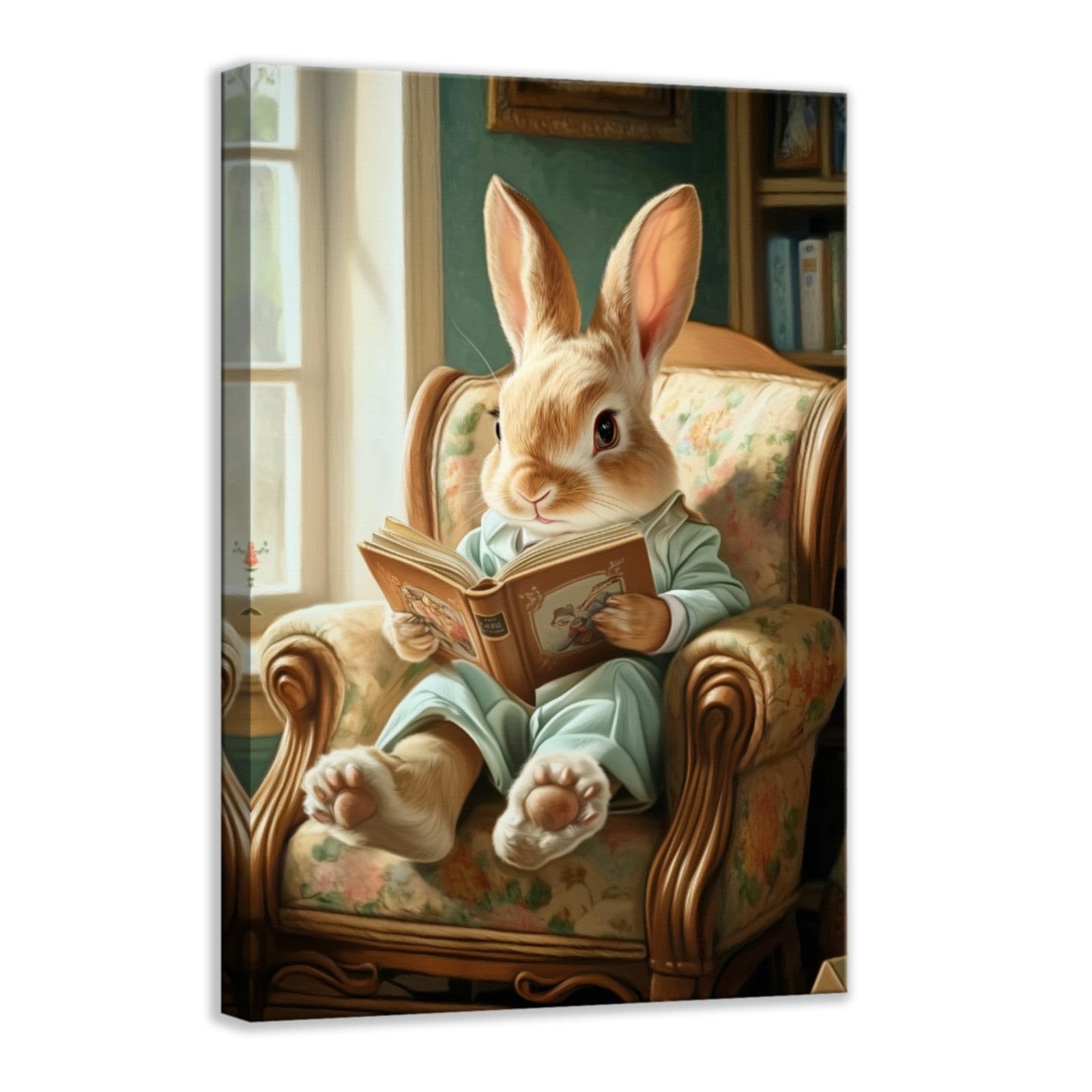 CCWACPP Bunny Wall Art Print Rabbit Reading Book Painting Vintage Academic Artwork Spring Animal Canvas Easter Decor for Kid Bedroom Home Office Framed (30.00 x 45.00 cms)