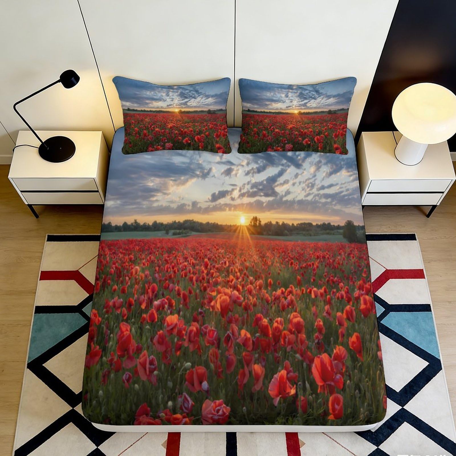 3D Printed Red Poppy Field Fitted Sheet Microfiber Soft Anti-Slip Sunset Landscape Mattress Cover Bedroom Decor 90x200x25cm