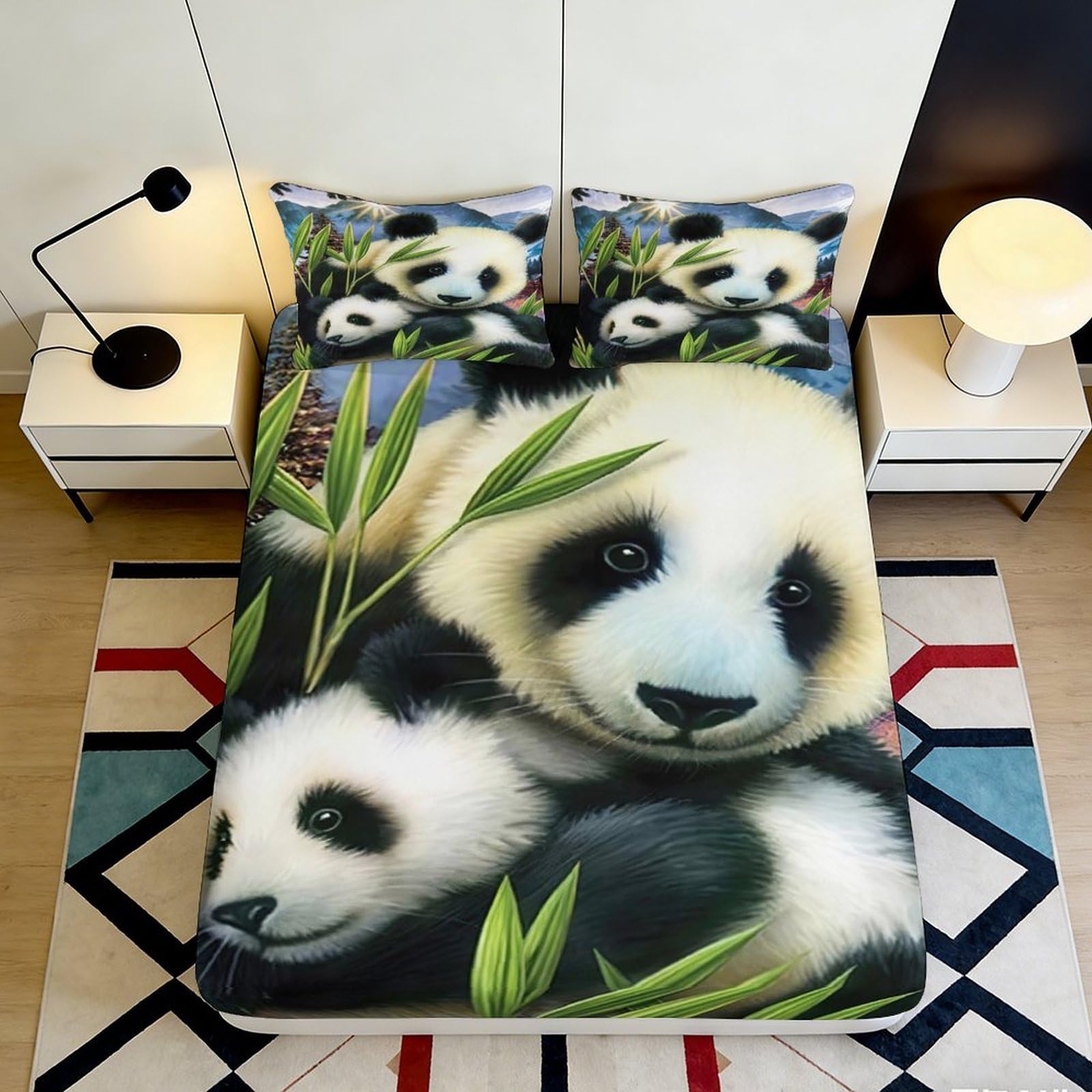 3D Printed Panda Animal Fitted Sheet Microfiber Soft Breathable Bamboo Leaves Bed Cover for Bedroom Dormitory Guest Room Mattress Protection Decor 160x200x25cm