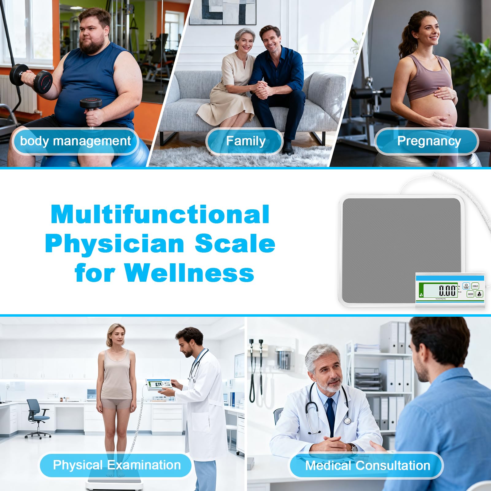Medizinische Bodenwaage (300 kg), professionelle Arztwaage mit Digitalanzeige, hohe Genauigkeit und robuste Körperwaage, tragbare Gewichtswaage für Zuhause und Krankenhaus