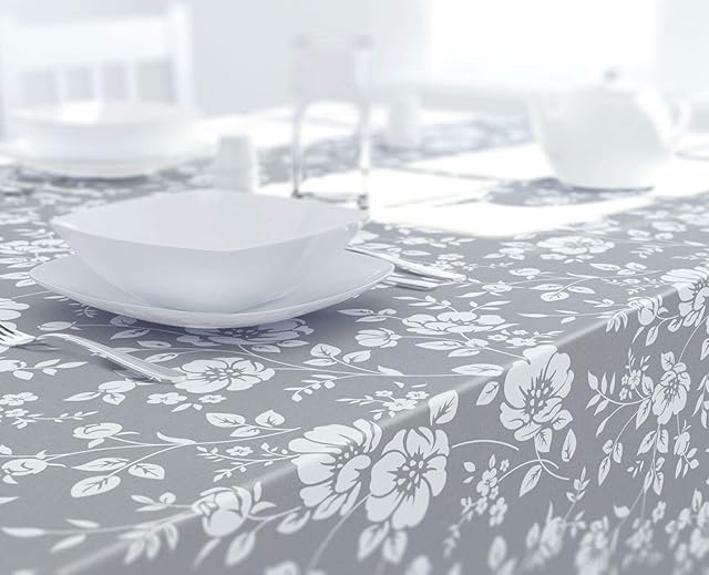 Dehaus® Wipe Clean Table Cloth - XL Grey Floral Bloom | Wipe Clean PVC Oilcloth Table Cover | Rectangular Plastic Vinyl Tablecloth | Water Resistant & Easy To Clean | Kitchen or Dining Table Protector