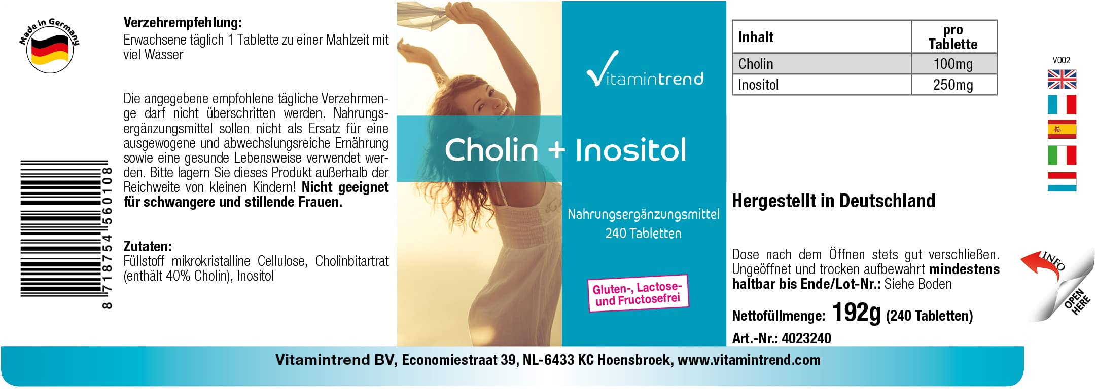 Vitamintrend Choline 100 mg + Inositol 250 mg, 240 comprimés, complément alimentaire végan sans stéarate de magnésium, fabriqué en Allemagne