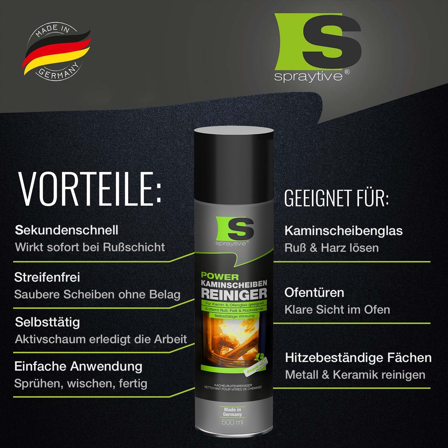 12 x 500 ml Power-Kaminscheibenreiniger – Aktivschaum-Spray für Kamin- & Ofenglas – entfernt Ruß, Fett & eingebrannte Rückstände selbsttätig – klare Sicht ohne Schrubben – Made in Germany