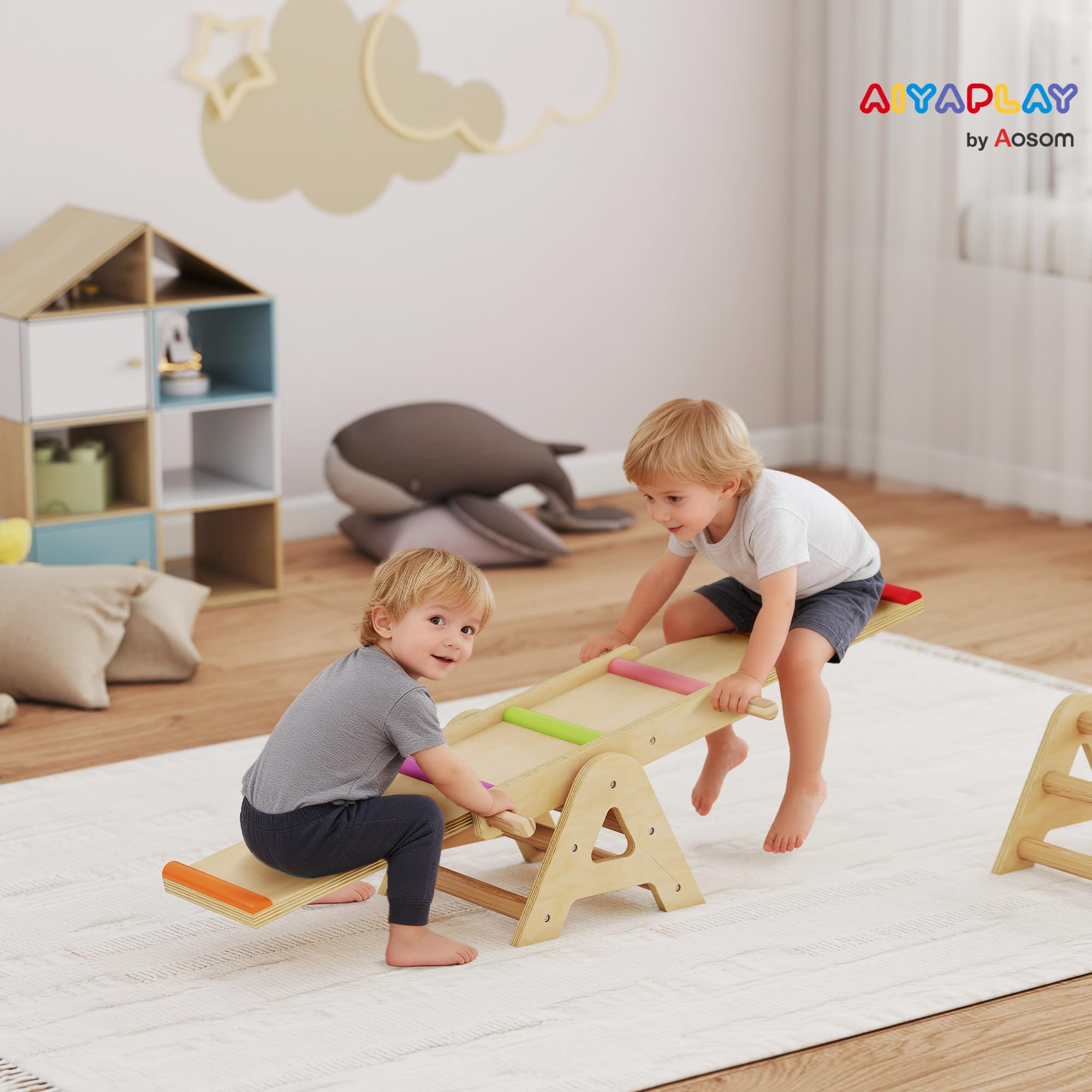 AIYAPLAY Balance Wippe Kinder, Schwebebalken aus Holz, Equilibrium Spielgeräte 133 x 38 x 24 cm