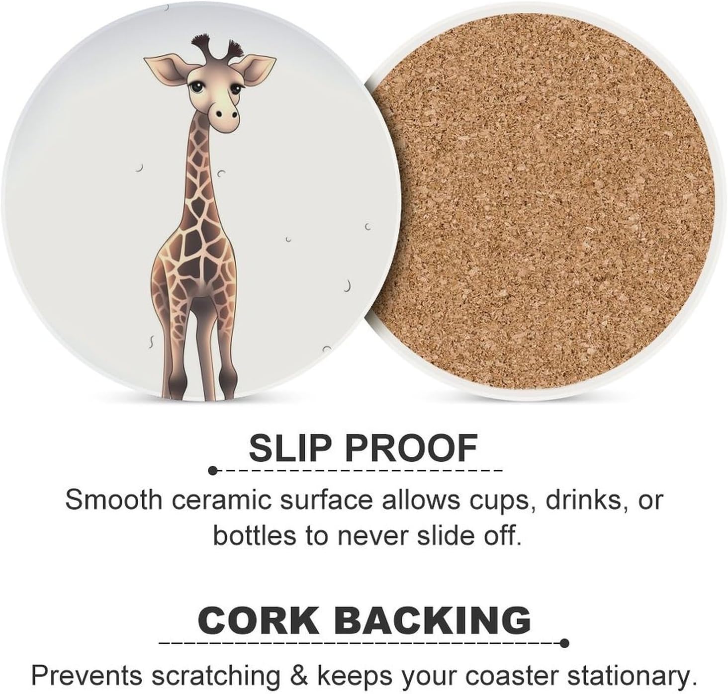 6PCS Cute Giraffe Coasters Non-Slip Round Drink Coasters with Ceramic Stone and Cork Base, Heat Resistant Absorbent 33.00Stone Coaster Set for Kinds of Mugs and Cups, 4 Inch