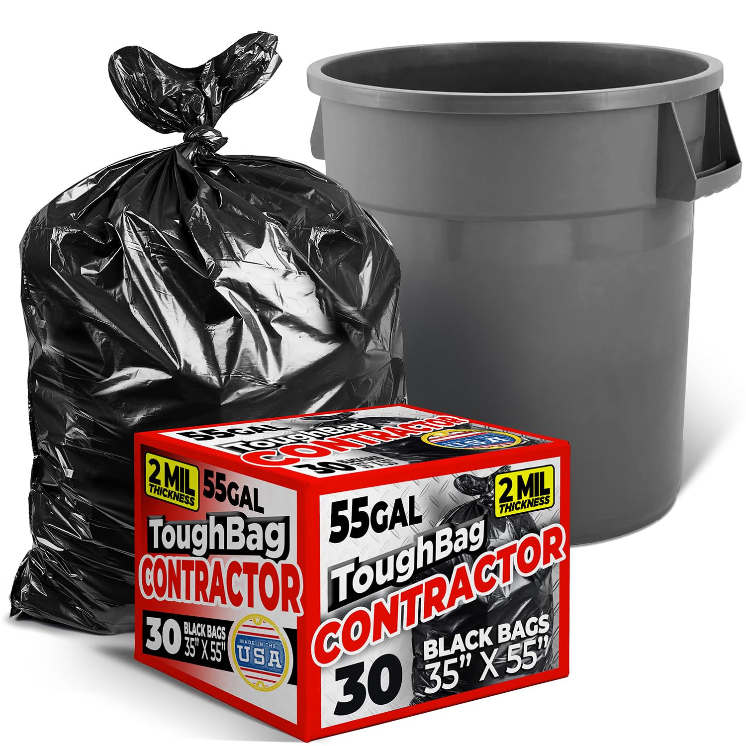 ToughBag Bolsas de basura de 55 galones, bolsas de basura negras de 35 x 55 pulgadas (30 unidades) – Bolsas de contratista resistentes de 2 mil para construcción, al aire libre, residuos industriales,
