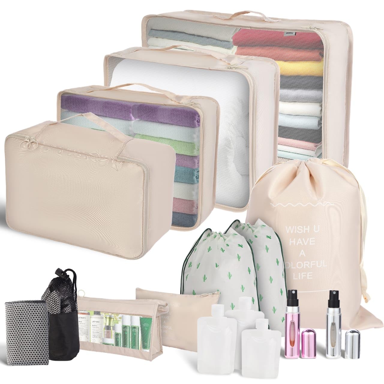 HevenareHevenare 15 Pieces Premium Travel Organizer bags for luggage [Two Perfume Atomizers Inculded] Packing Cubes with Re Usable Towel | Suitcase Organizer Bags for Clothes, Shoes & Accessories (Beigi)