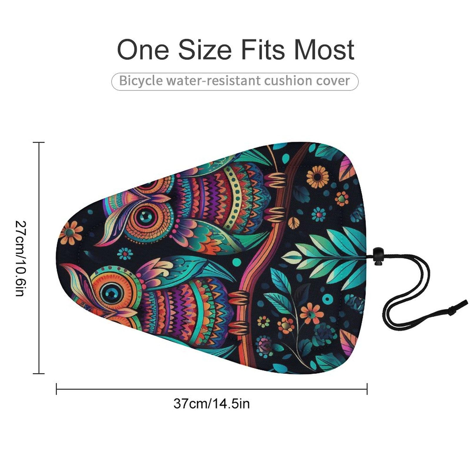 Colorful Owl Pictures Bike Seat Cover - Universal Fit, Water-Repellent Bicycle Seat Cushion Heat Reduction Oxford Cloth, Drawstring Cushion Cover for Mountain/Road/Cruiser Bikes