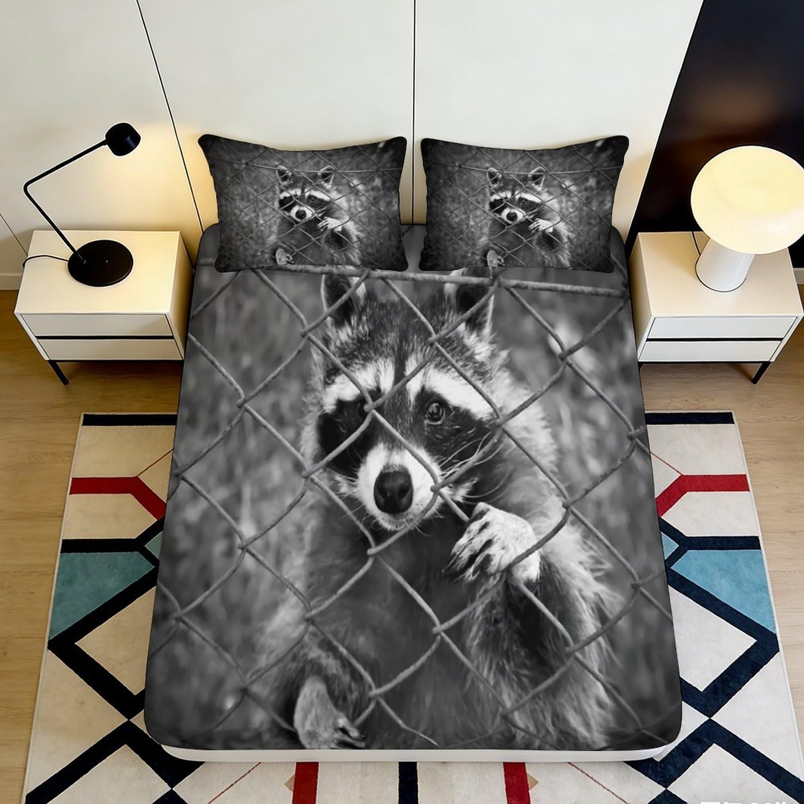 3D Printed Raccoon Pattern Fitted Sheet Microfiber Soft Durable Black White Animal Print Mattress Cover for Bedroom Dormitory Guest Room Protection 180x200x25cm