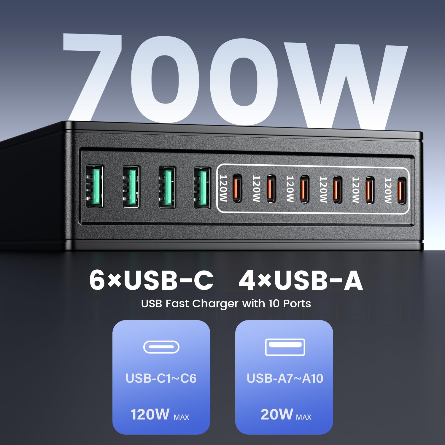 HSSNS 700W Ladegerät – 10-Port Schnellladegerät mit GaN, 6× USB-C & 4× USB-A, PD & PPS für MacBook, iPad, iPhone