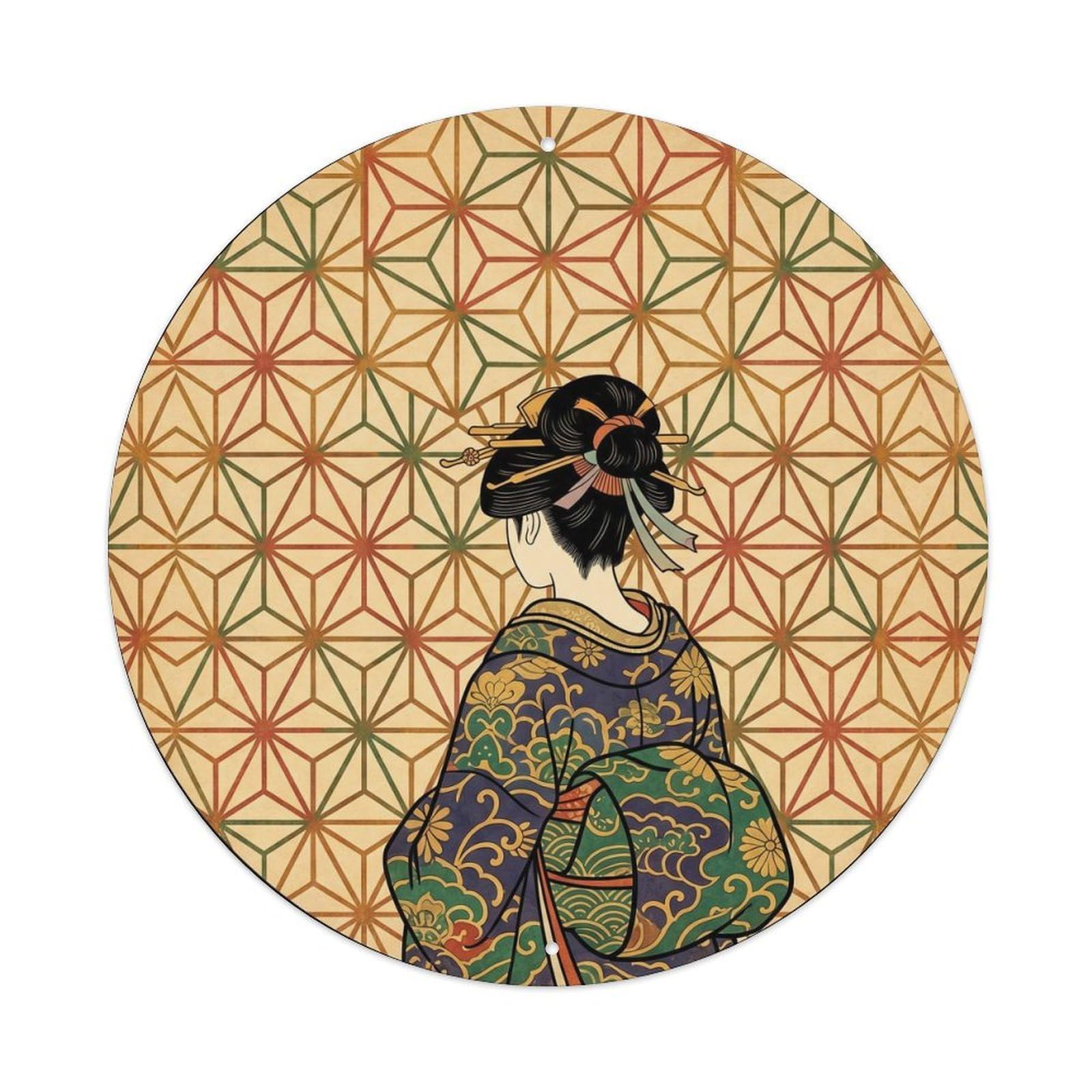 Galvaxio Style Japanese Kimono Woman Observing Asanoha Geometric Pattern Metal Tin Sign