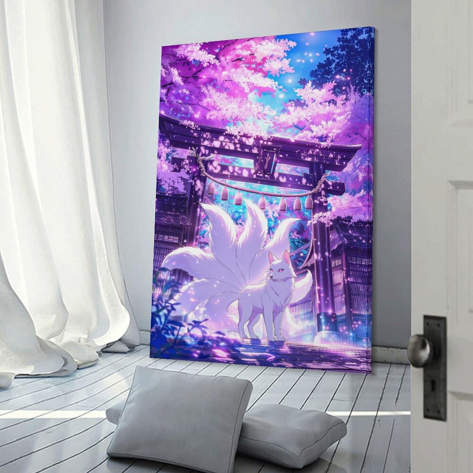 Junmoney Canvas Wall Art Kitsune Under Cherry Blossoms, 08x12inch(20x30cm), for Bedroom, Guest Room Or Reading Nook, Canvas Wall Decor for Personal Spaces