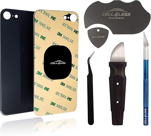 Cell4less - Cristal trasero compatible con el iPhone SE con adhesivo de cuerpo completo herramienta de eliminación y orificio de cámara ancho para