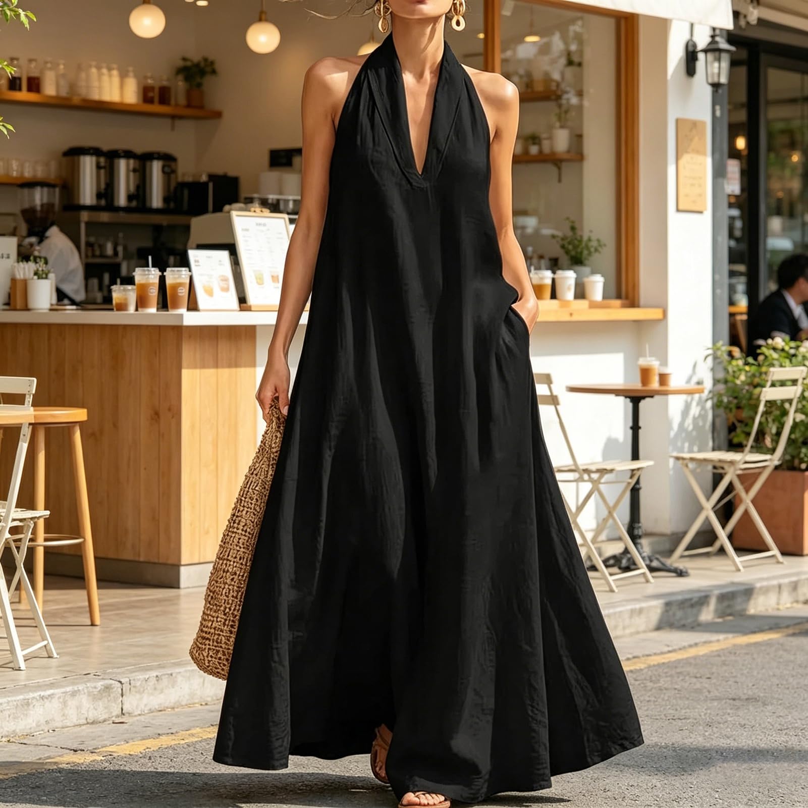 Maxi abito estivo da donna, con scollo a V, senza maniche, con risvolto e tasche, leggero e ventilato, ideale per vacanze in spiaggia, vacanze e abbigliamento casual quotidiano