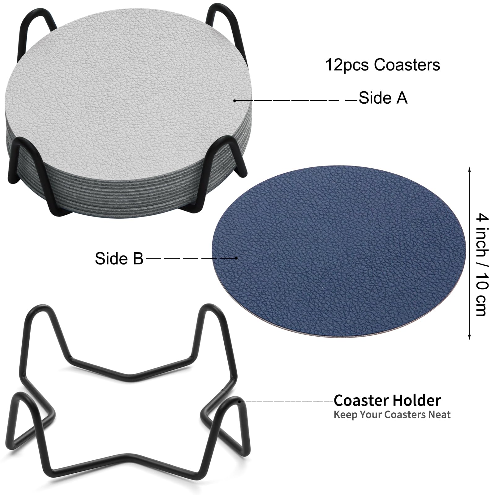 Chitomars Faux Leather Drink Coasters with Holder, Dual Sided Sets of 12, Blue Grey, Round - Image 6