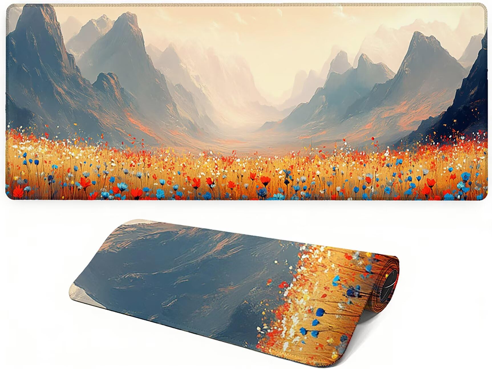 Lejnlnng Podkładka pod mysz do gier XXL, 120 x 60 cm - duża mata na biurko w kwiaty, wodoodporna podkładka pod mysz XL Krajobraz, antypoślizgowa gumowa podkładka pod mysz ze zszytymi krawędziami do