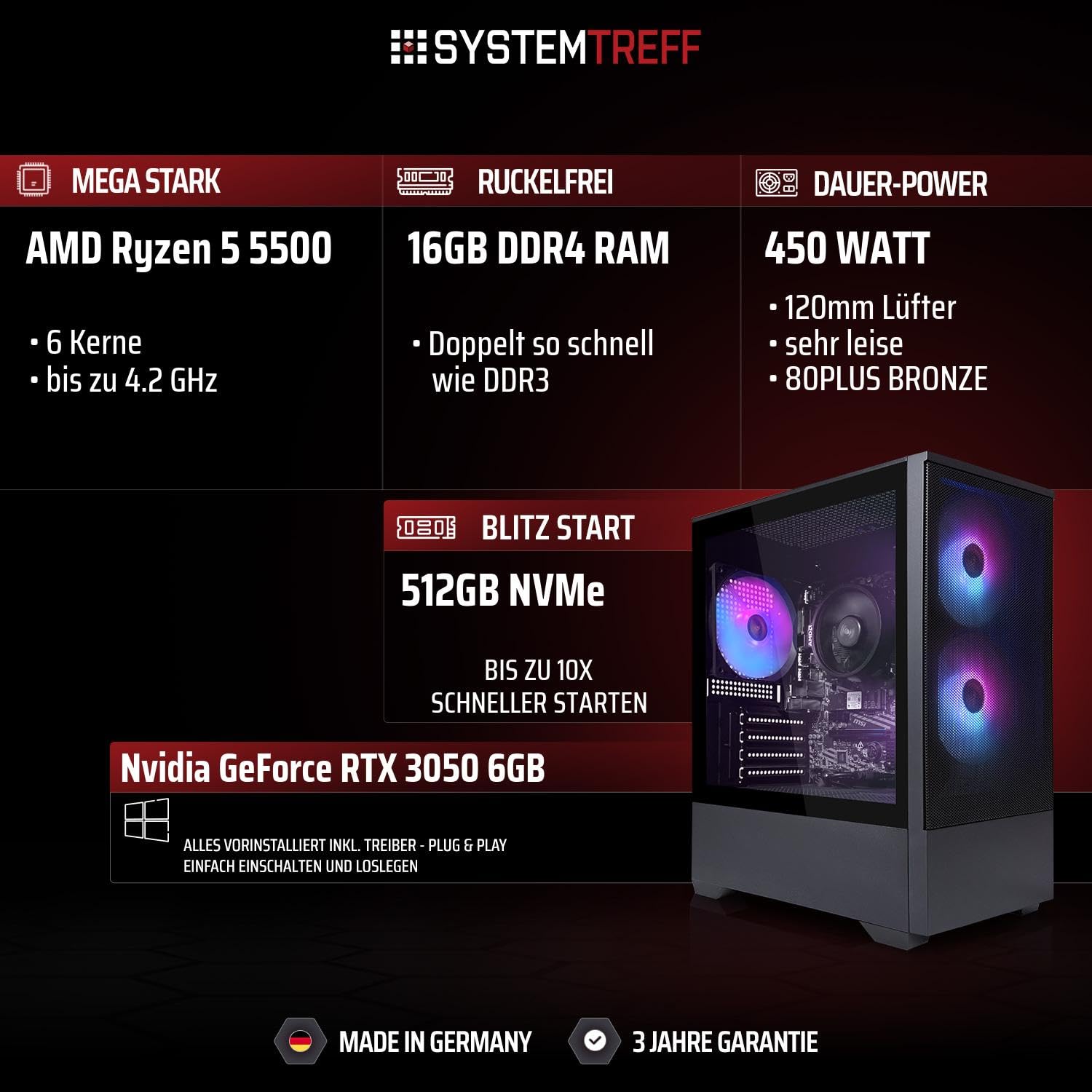 SYSTEMTREFF Basic Gaming PC AMD Ryzen 5 5500 6x4.2GHz | Nvidia RTX 3050 6GB DX12 | 512GB M.2 NVMe | 16GB DDR4 RAM | WLAN Desktop Computer Rechner für Gamer, Zocker & Streamer