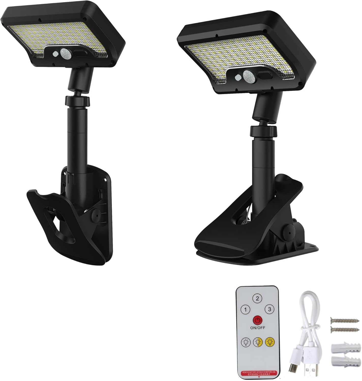 Solar Clip Light Outdoor 600LM Waterproof LED Clamp Lamp with Remote Control, Motion Sensor Security Lighting, 3 Modes Dusk to Dawn, Wireless for Fence Yard Deck Garage Patio Porch Wall 2 Packs