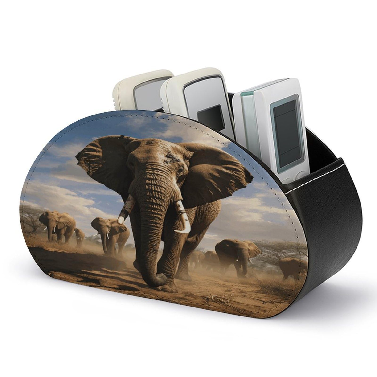 VstaDank Ferocious Elephant Remote Control Holder Farmhouse TV Media Remote Storage Box with 5 Compartments PU Leather Remote Caddy Desktop Organizer for Home Bedside Table Organizer