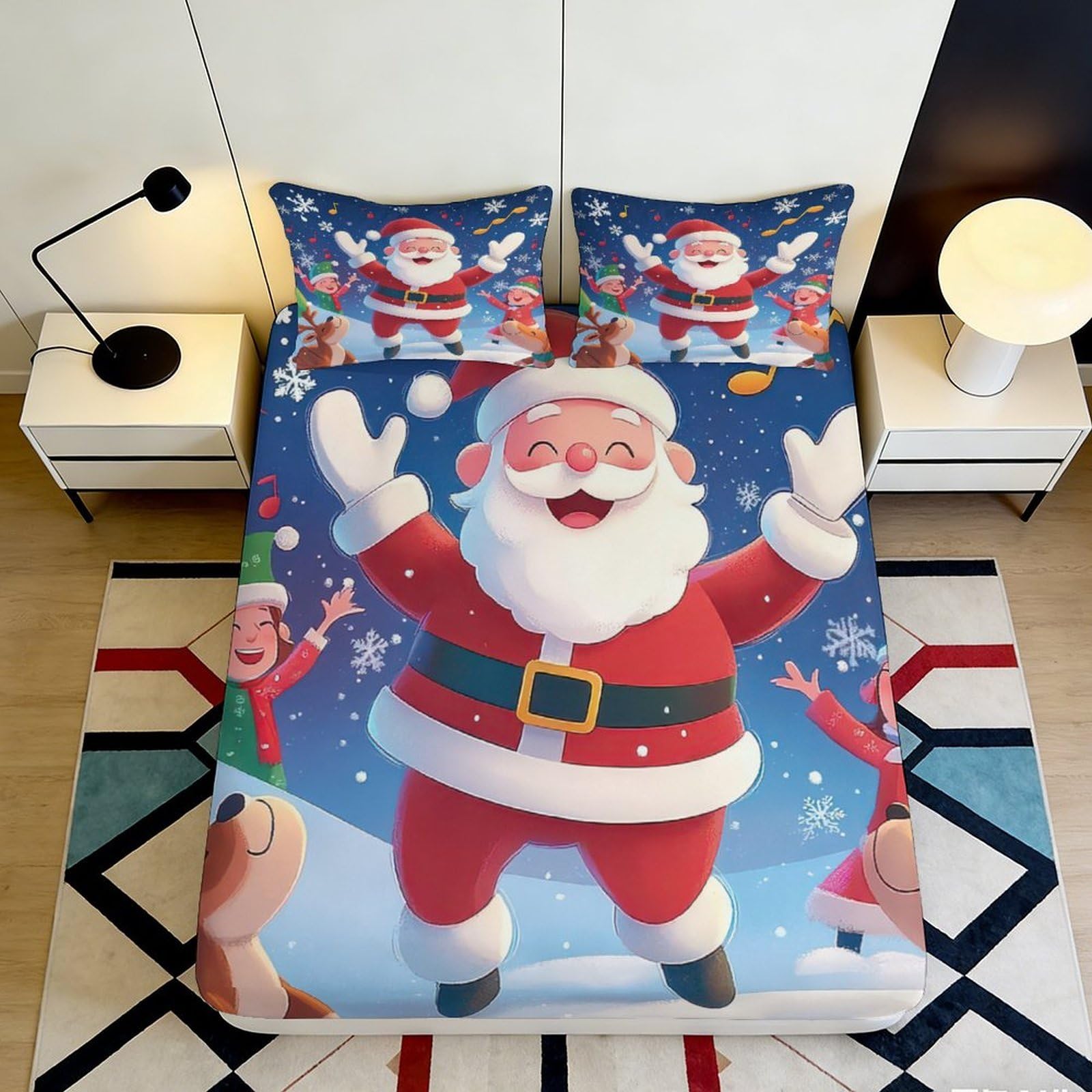 3D Printed Christmas Santa Claus Fitted Sheet Microfiber Soft Breathable Snowflake Bed Cover for Bedroom Dormitory Guest Room Mattress Protection 180x200x25cm