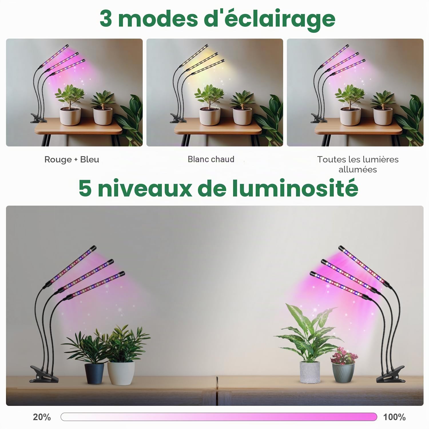 Garpsen LED Grow Light, 2pcs 3 têtes Full Spectrum clip Plant Light pour les plantes d'intérieur, 120 LED Grow Lights, 3 modes de commutation et minuterie 6/12 / 16h, 5 niveaux de gradation