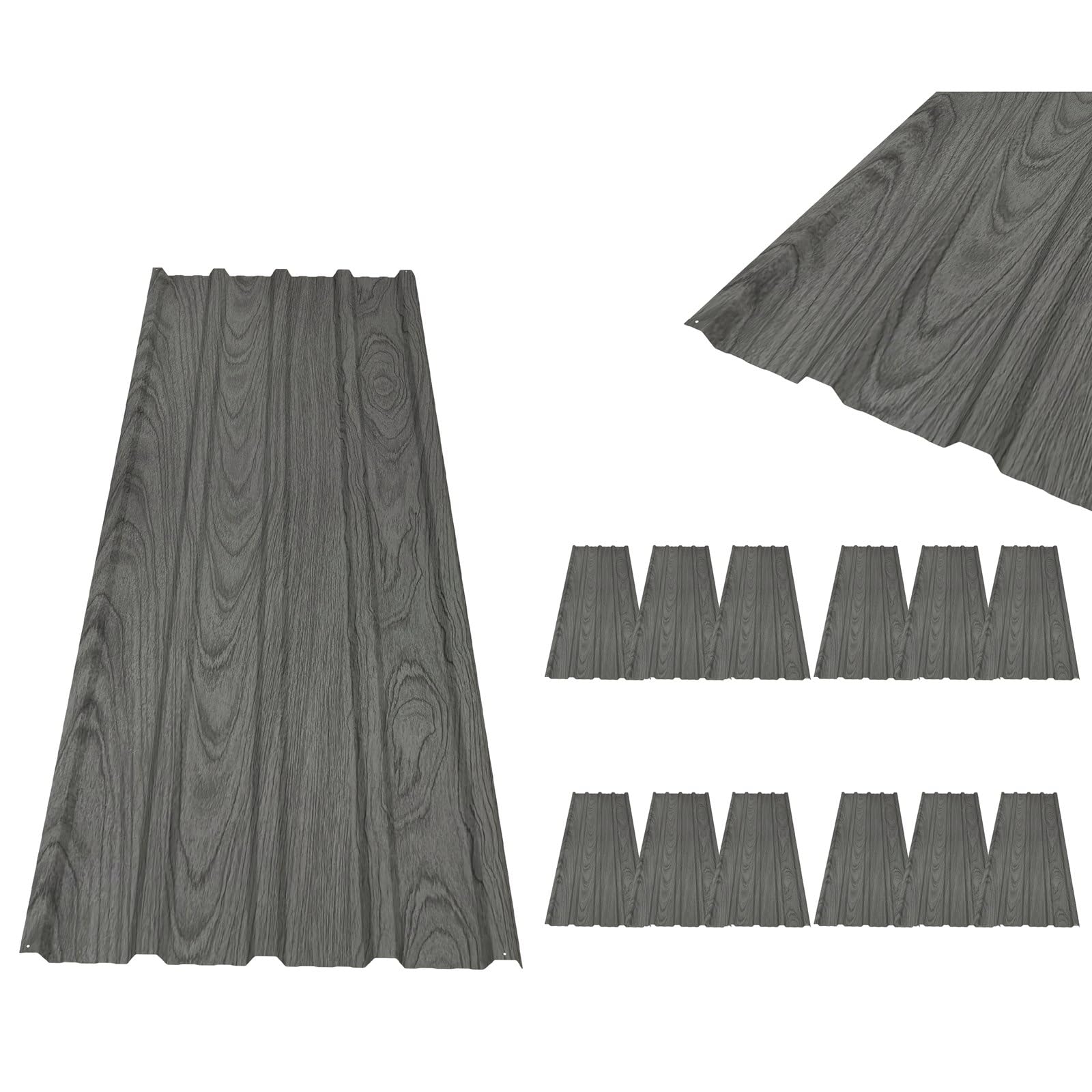 BIRCHTREE 12x Roof Sheets Steel 1290x450mm Corrugated Metal Roofing Panels for Shed Garage Carport Greenhouse, Weather Resistant Roofing Wood Grain Grey
