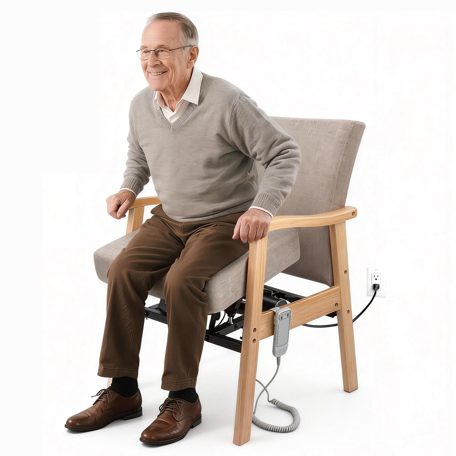 EasyVibe Power Lift Chair for Elderly - Solid Wood Sit to Stand Chair with Reinforced Steel Frame, Electric Upholstered Armchair for Seniors, Office Assist & Compact Dining, 280 lbs Capacity, Beige