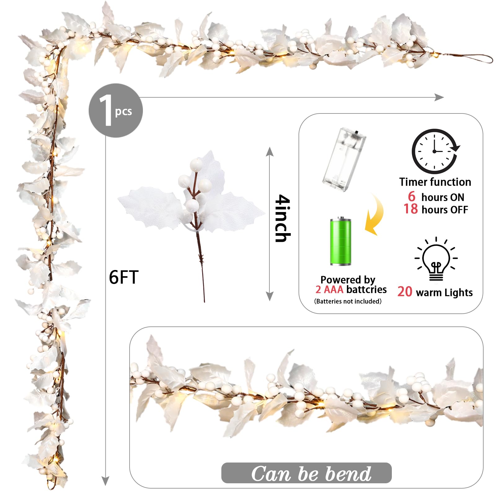 Syhood Guirnalda de bayas de Navidad de 6 pies, guirnalda de hojas de acebo iluminadas de Navidad, guirnalda artificial para interiores, decoración de otoño y Navidad, guirnalda de luces para chimenea