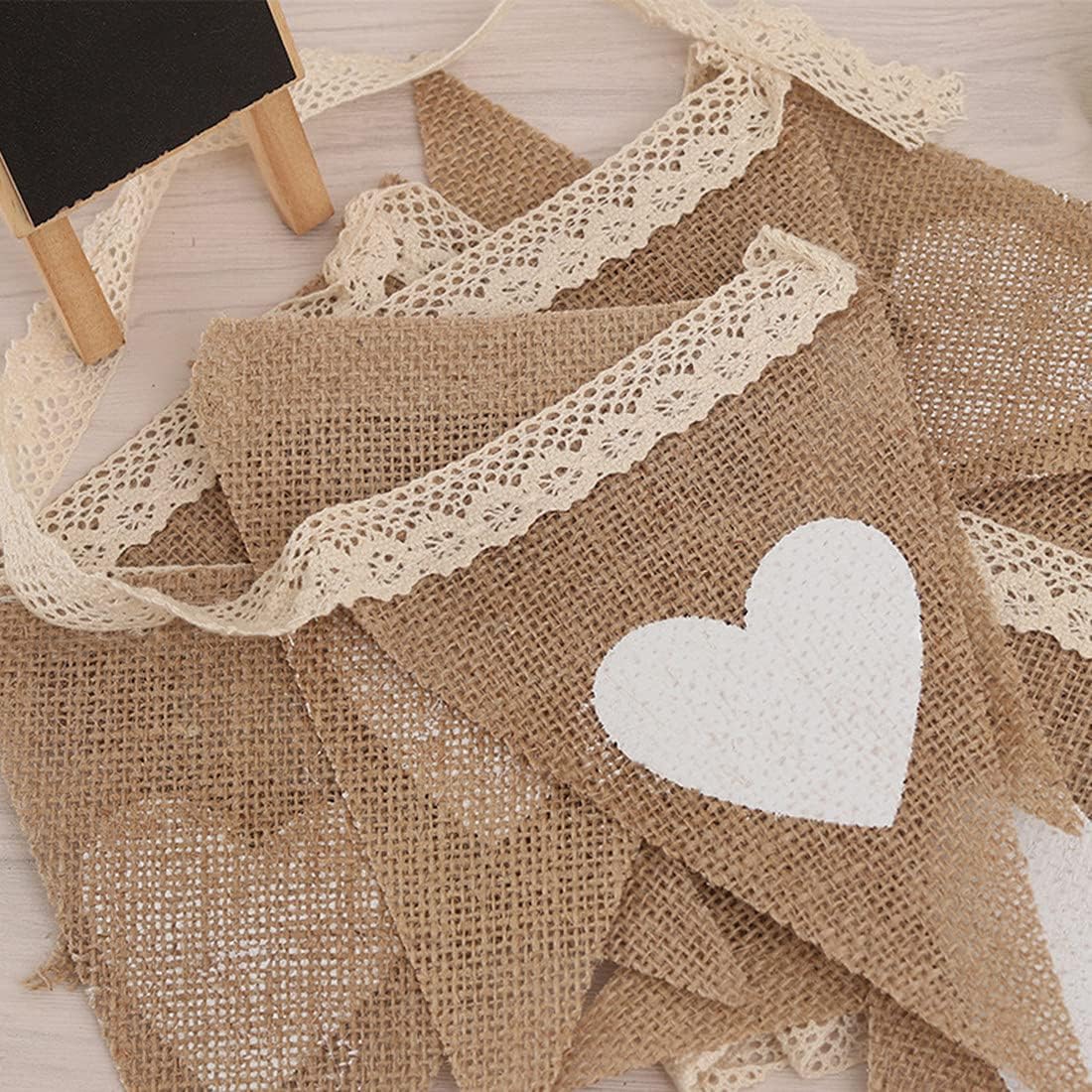 FQTANJU 12Pcs Vintage Heart Jute Burlap Bunting Banner Hessian Flag for Wedding Party Decoration White Lace 2.5m - Image 6