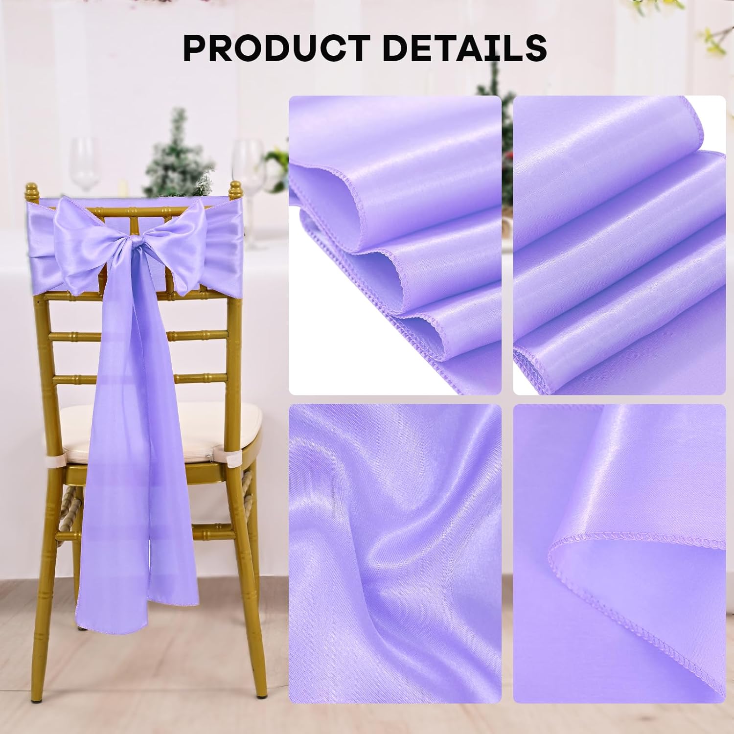 fani 60 PCS Lavender Purple 7x108 Inch Satin Chair Sashes Bows Universal Chair Cover Wedding Birthday Party Celebration Hotel Event Decorations Universal Decorative Strap