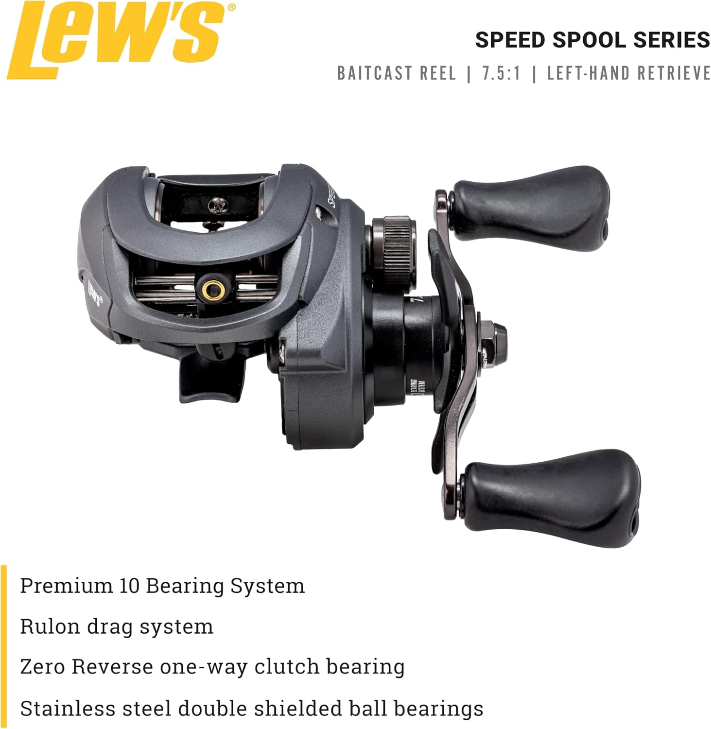 Lew’s Speed Spool Baitcast Fishing Reel, 9+1 Bearings, 7.5:1 Gear Ratio, Aluminum Frame, Graphite Sideplate, MCS Braking System, Left-Hand Retrieve